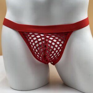 Men'S Mesh Thong Underwear with Wide Band And Fishnet One Size Red